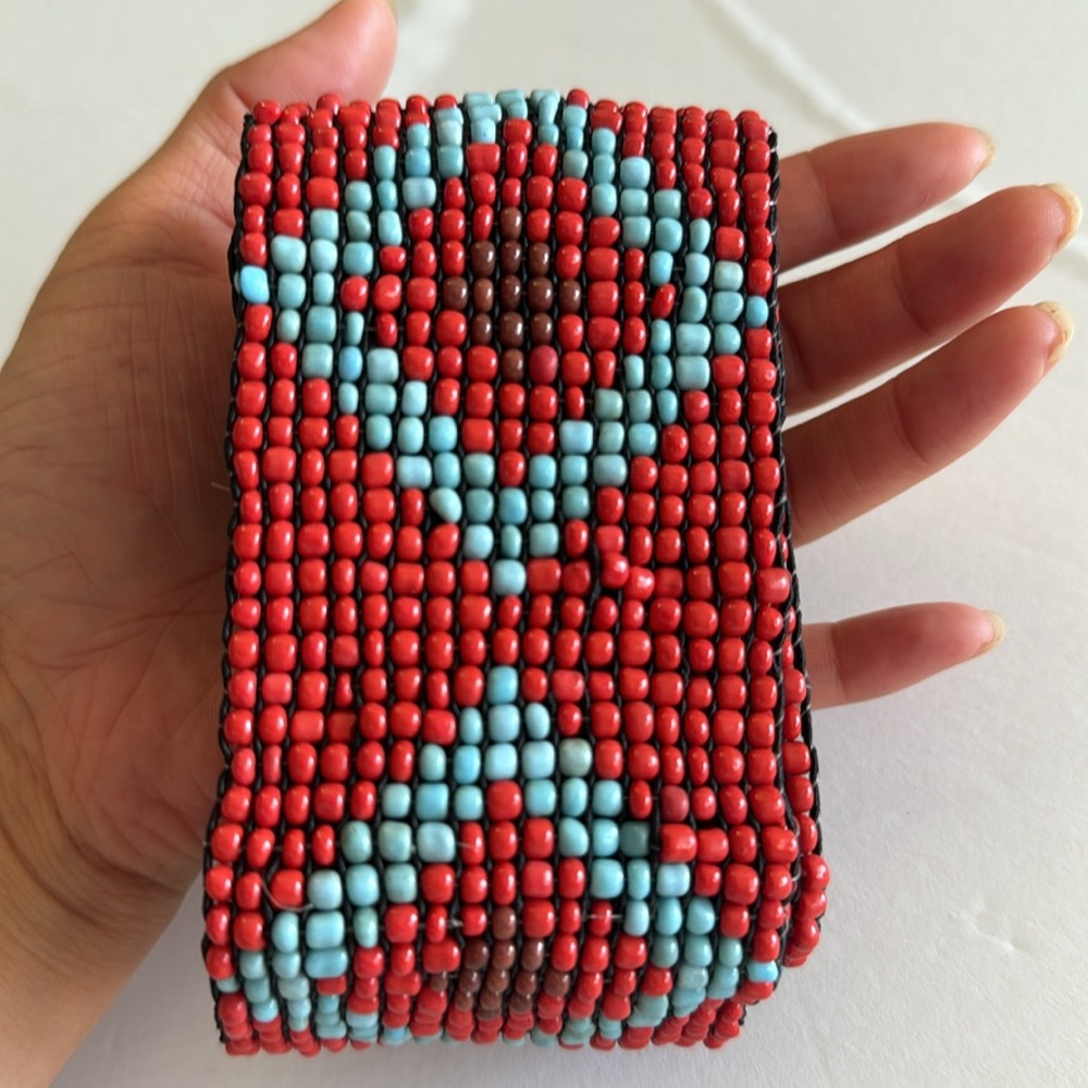 LC Women Handcrafted Orange Seed Beaded Stretch Belt with Wooden Buckle - Picture 3 of 9